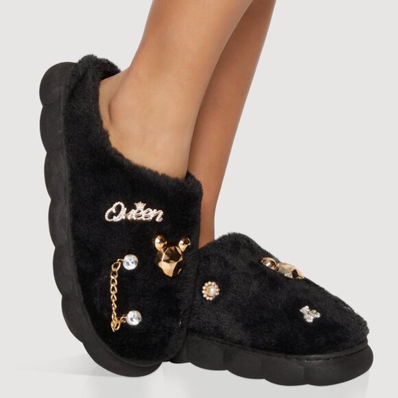 Platform Rhinestone Fuzzy Slide Slippers - - Picture 1 of 3